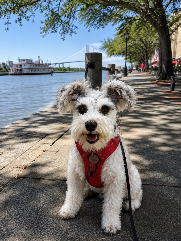 Miniature Schnauzer sitting along the Savannah riverfront with a riverboat and bridge in the background.