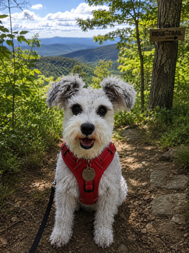 Miniature Schnauzer sitting on a wooded hiking trail with a mountain view.