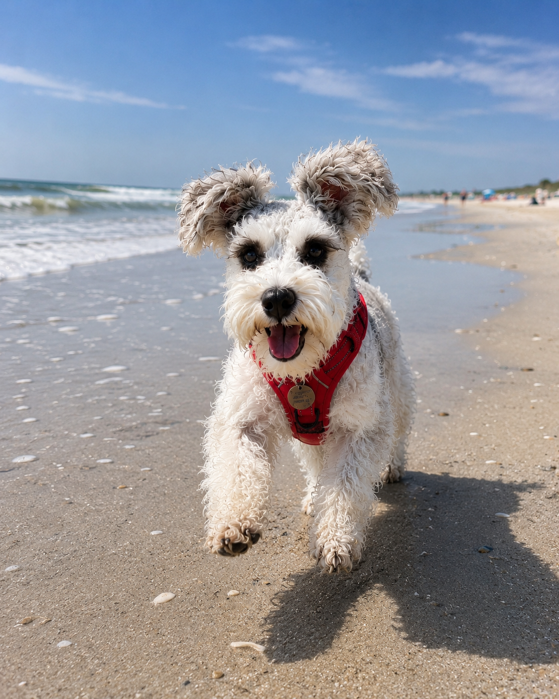Miniature Schnauzer enjoying Myrtle Beach shoreline at sunrise
