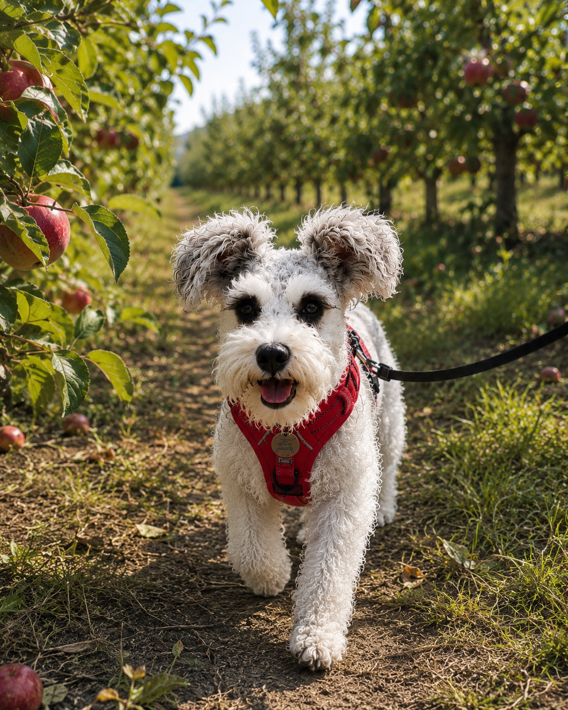 Schnauzer walking through apple orchard.