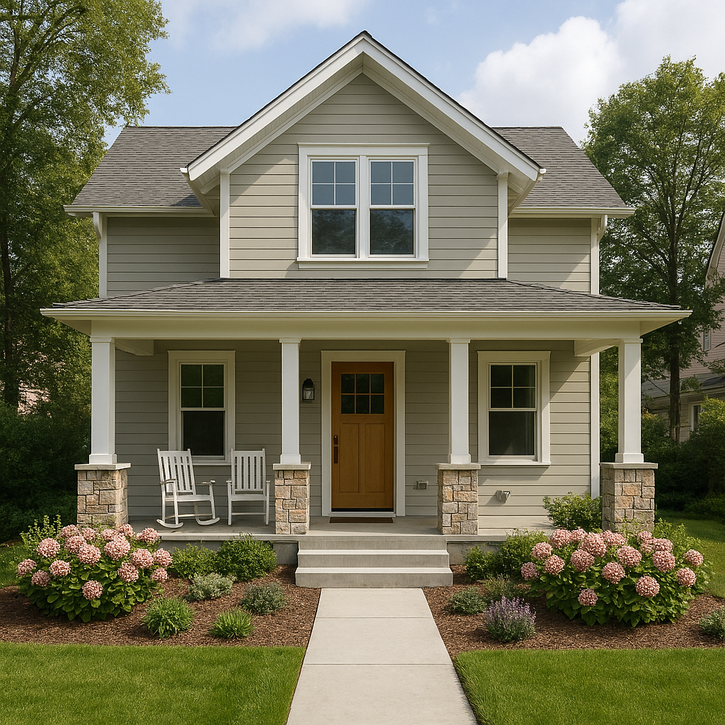 Exterior of a two-story vacation rental with a front porch and landscaped yard.