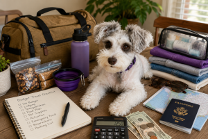 Miniature Schnauzer with travel gear, a checklist, map, calculator, and cash arranged for trip budgeting.