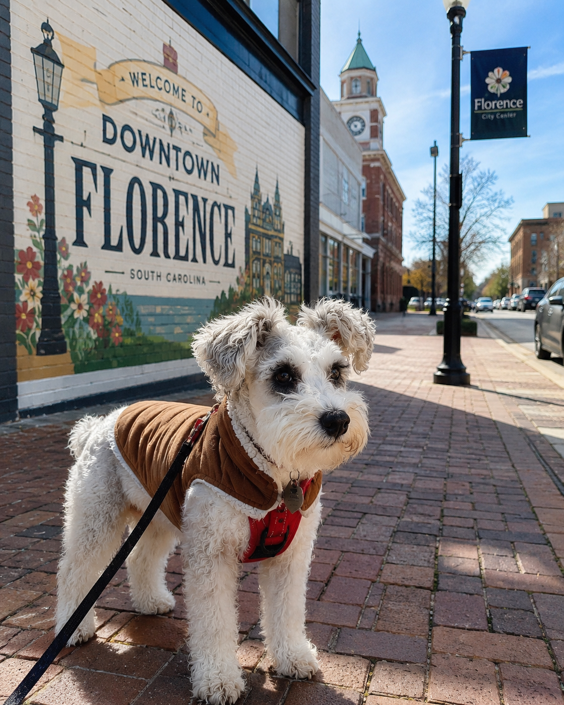 Miniature Schnauzer exploring downtown Florence South Carolina