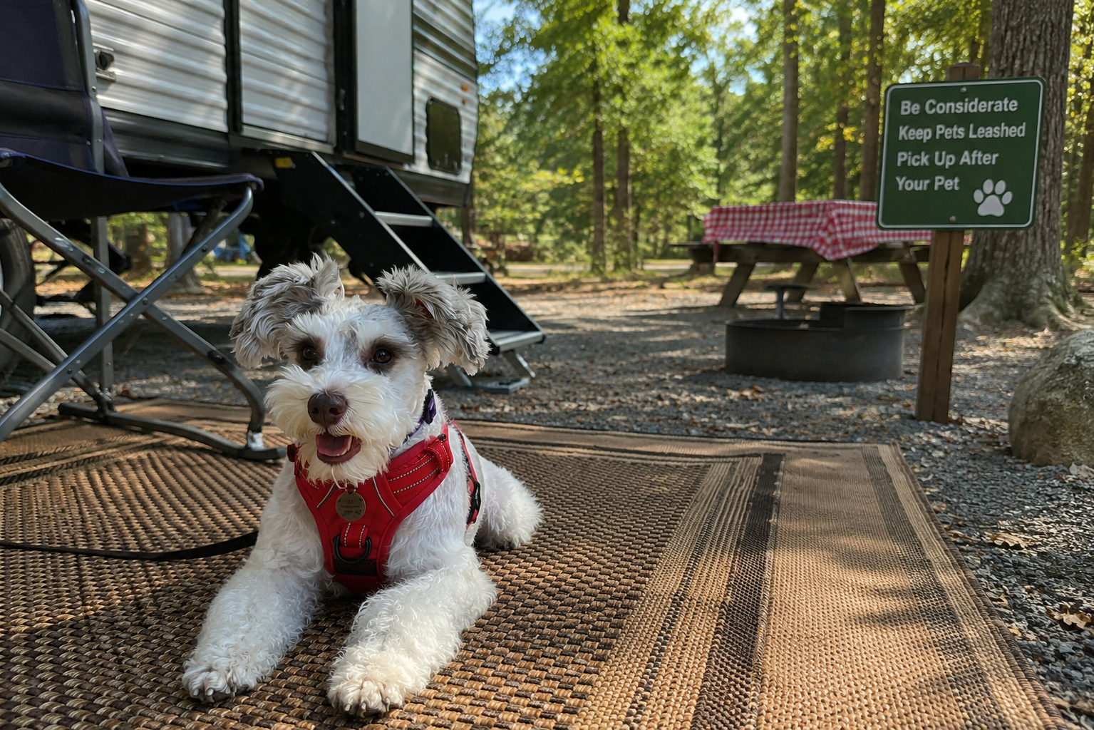 Schnauzer laying at campsite.
