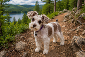 Miniature Schnauzer at a scenic mountain overlook during a dog-friendly road trip.