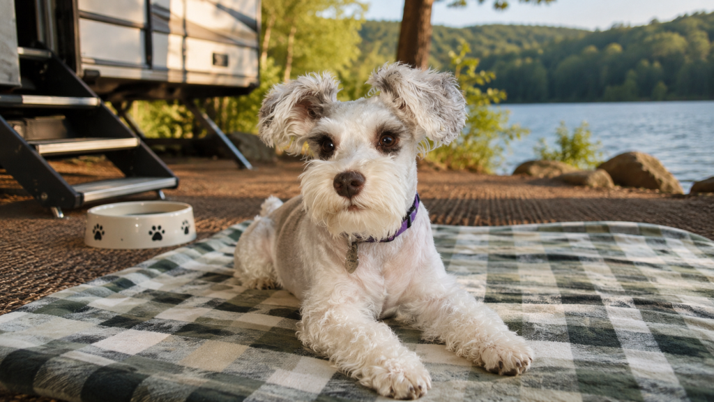 Schnauzer outside travel trailer