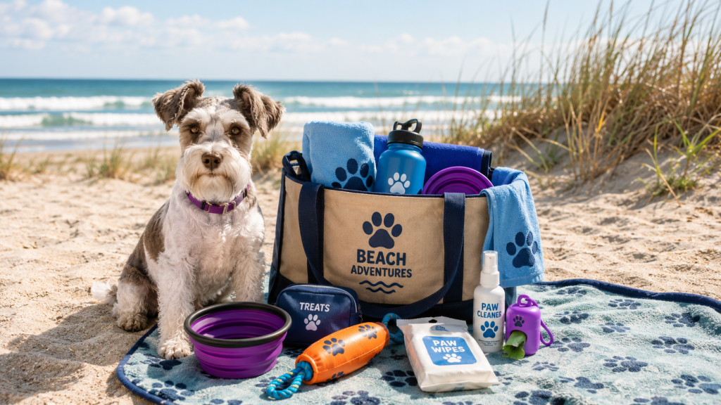 Schnauzer sitting on beach